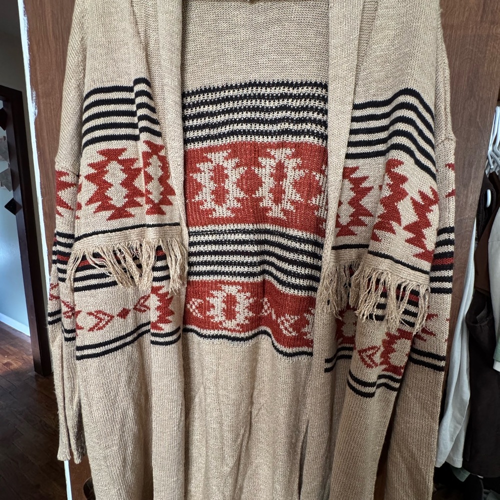 Maurice’s Women's Tan and Red Patterned Sweater Cardigan